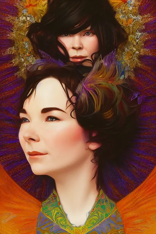 Prompt: A beautiful portrait of Björk, symmetrical features, cinematic lighting, soft bokeh, fantasy, modern, colourful, highly detailed, digital painting, artstation, deviantart, concept art, sharp focus, illustration, by alphonse mucha