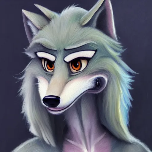 Image similar to oil painting of anthromorphic female wolf, in style of zootopia, female fursona, furry, furaffinity, 4 k, deviantart, furry art, fursona art, wearing black business suit, business suit, wolf fursona, female, very expressive detailed feminine face,