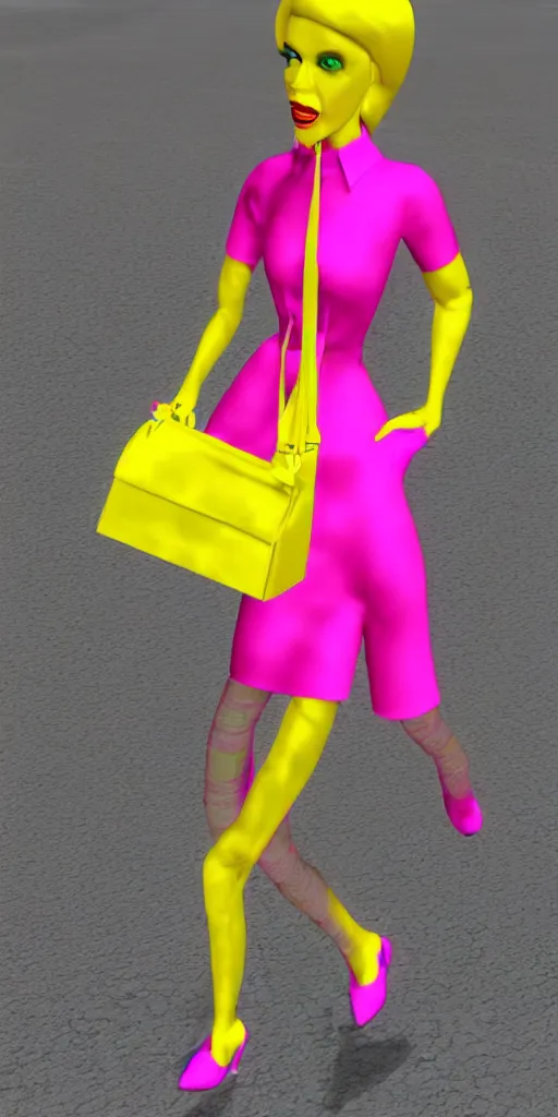 Prompt: 3d glitched malice yellow doll carrying a pink fashion bag in a street city psx rendered early 90s net art n64