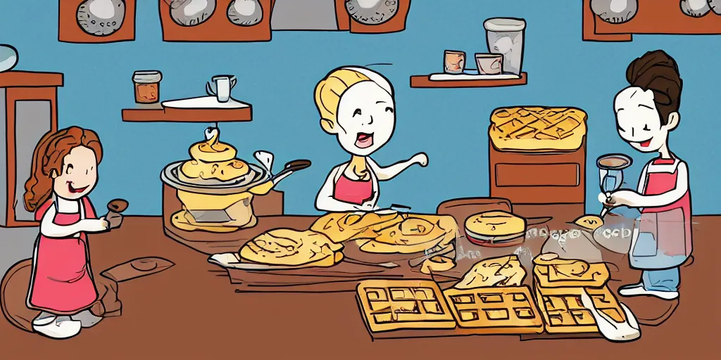 Image similar to A couple baking waffles, cartoon