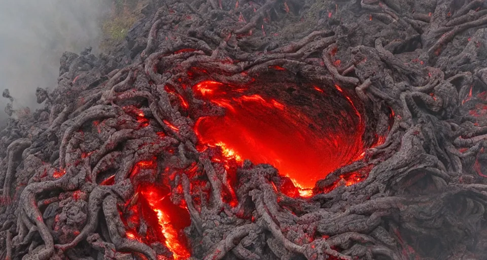 Image similar to a volcano made of ivory vines and crimson rocks enters in eruption, it spits a smoke in the shape of demonic eye, by Yoshitaka Amano,