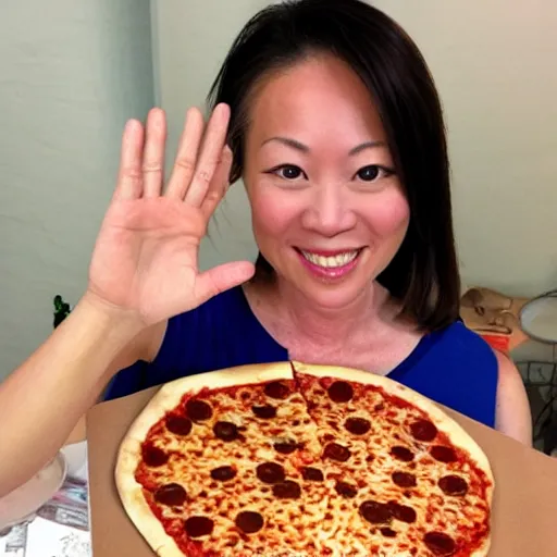 Image similar to michelle yoeh has pizza fingers