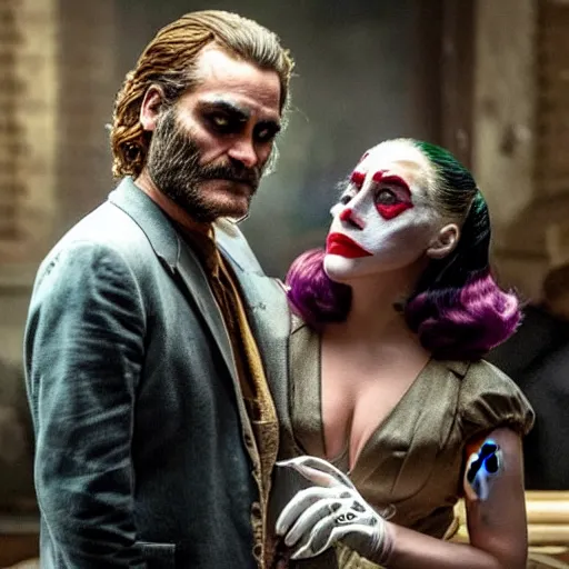 Image similar to ultra realistic candid from joaquin phoenix with lady gaga in new joker movie footage's, intricate details. sharp details