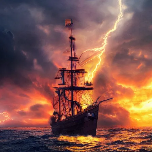 Prompt: close portrait of a ship on the sea, over the shoulder on the ship is a medieval woman ship pilot from behind, dramatic golden neon sunset with wall of storm clouds, wearing shiny breastplate, dynamic lighting, hyperrealistic, HD 4k, artstation