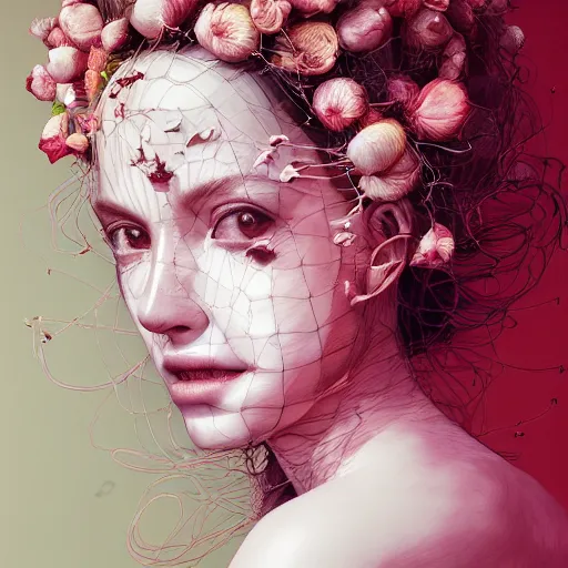 Image similar to the portrait of an absurdly beautiful, graceful, elegant, sophisticated, fashionable young woman made of strawberries and white petals looking down, an ultrafine hyperdetailed illustration by kim jung gi, irakli nadar, intricate linework, bright colors, octopath traveler, final fantasy, unreal engine 5 highly rendered, global illumination, radiant light, detailed and intricate environment