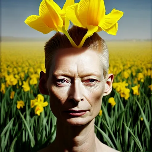 Prompt: medium shot, tilda swinton face fused with daffodil, head covered with leaves, inside the flower, daffodils field, highly detailed, shallow depth, bokeh, codachrome, polaroid, unreal engine, 3 d art, digital art, painting by greg rutkowski