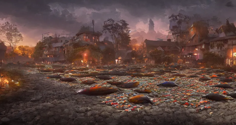 Prompt: a beautiful painting of a village covered in dead fish, gigantic, octane render, brilliantly coloured, intricate, ultra wide angle, trending on artstation, dusk, volumetric lighting, polished, micro details, ray tracing, 8k