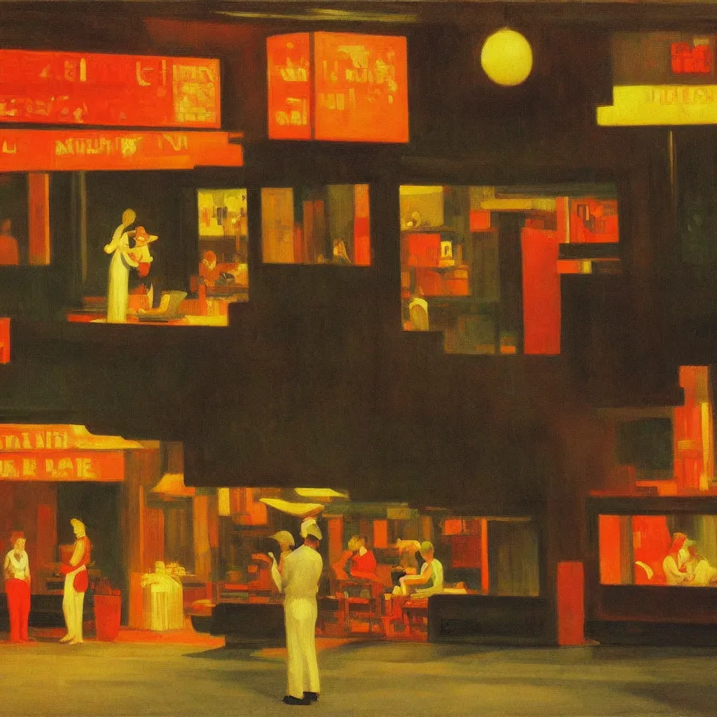 Image similar to singapore night scene, painted by edward hopper