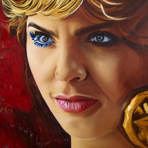 Image similar to wonder women, oil painting, highly detailed, new costume, medium close - up