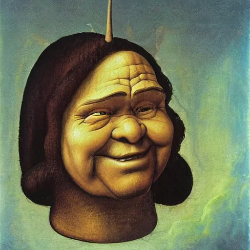 Prompt: An airbrush caricature of Shrek, painting by Leonardo Da Vinci , oil painting