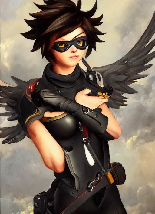 Image similar to oil painting of tracer overwatch in the style of sophie anderson, flying, angel wings, black outfit,