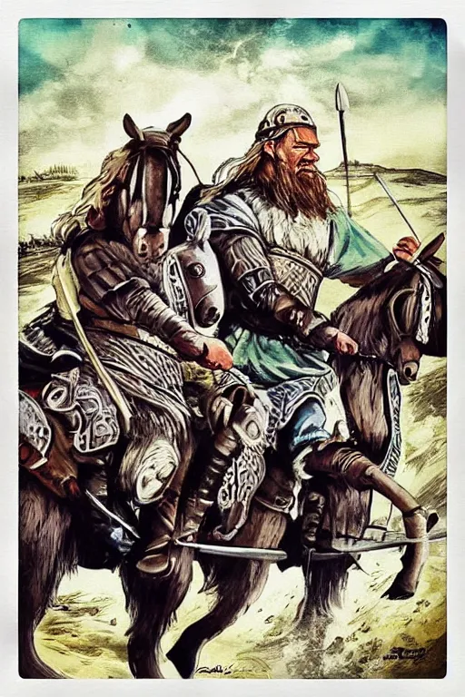 Prompt: “Poster of Viking horsemen in a battle with Mini Cooper Countryman Hybrid . Retro cartoon caricature.”