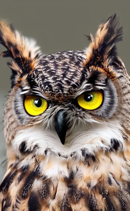 Prompt: photo of an cute hybrid of an owl and a cat, fluffy, feathery, puffy, cute eyes, realistic, photo, 8K, detailed, high quality