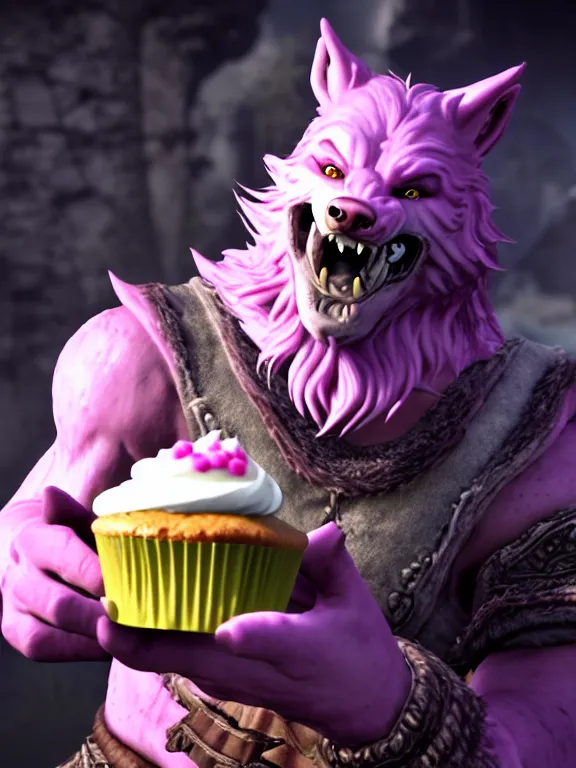 Image similar to cute handsome cuddly burly surly relaxed calm timid werewolf from van helsing holding a cute cupcake with pink frosting unreal engine hyperreallistic render 8k character concept art masterpiece screenshot from the video game the Elder Scrolls V: Skyrim