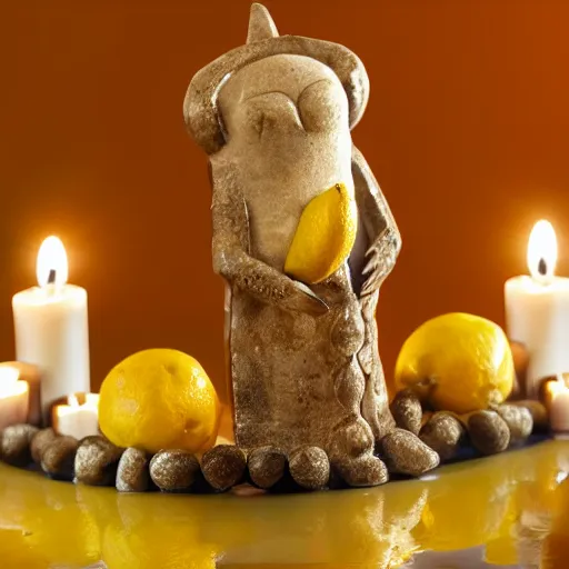 Image similar to an anthropomorphic lemon standing on a pentacle surrounded by candles, highly detailed, 4k