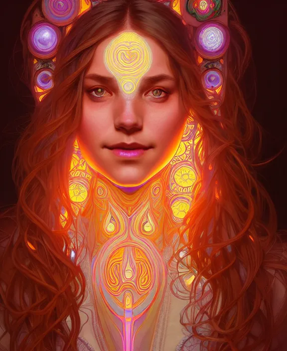 Image similar to symmetry!! portrait of hippie girl smiling, glowing lights!! psychedelic, intricate, elegant, highly detailed, digital painting, artstation, concept art, smooth, sharp focus, illustration, art by artgerm and greg rutkowski and alphonse mucha, 8 k