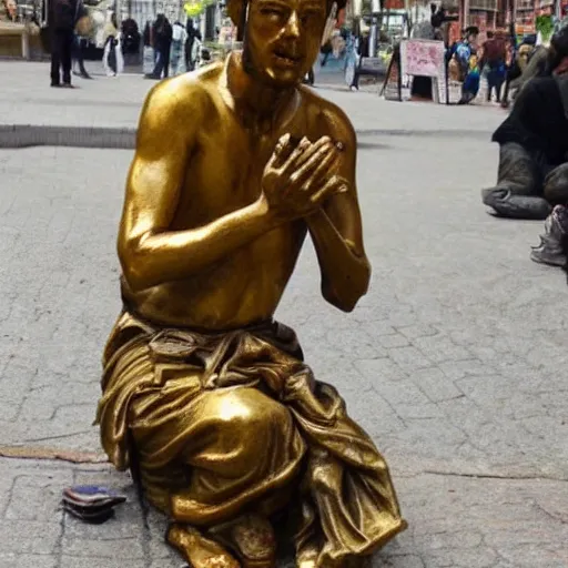 Prompt: a golden statue of a beggar, realistic, detailed