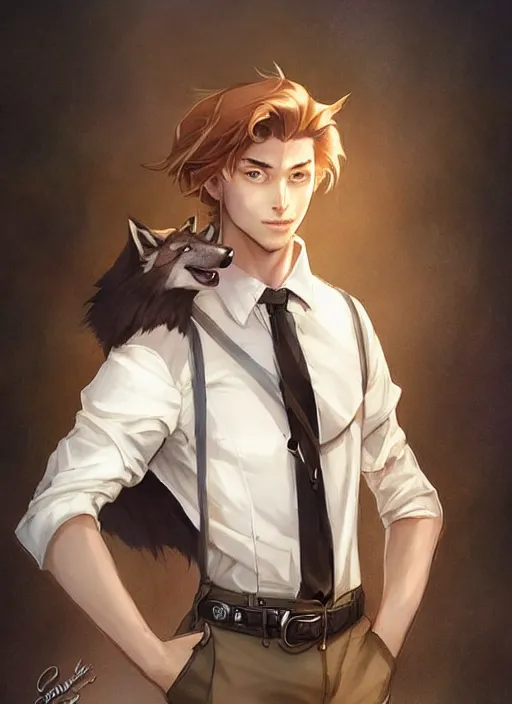 Prompt: beautiful portrait commission of a male furry anthro wolf Sherriff wearing a white dress shirt with suspenders in an old-timey desert town. Atmospheric. Character design by charlie bowater, ross tran, artgerm, and makoto shinkai, detailed, inked, western comic book art