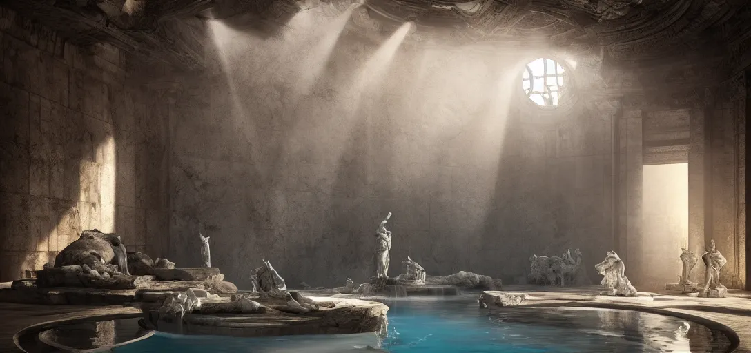 Image similar to dramatic photo of underground roman interior, ambient occlusion, glowing pool of water, ancient marble statues, raytracing, unreal engine, dramatic lighting, detailed,, global illumination, god rays, 3 d artstation by greg rutowski and jessica rossier