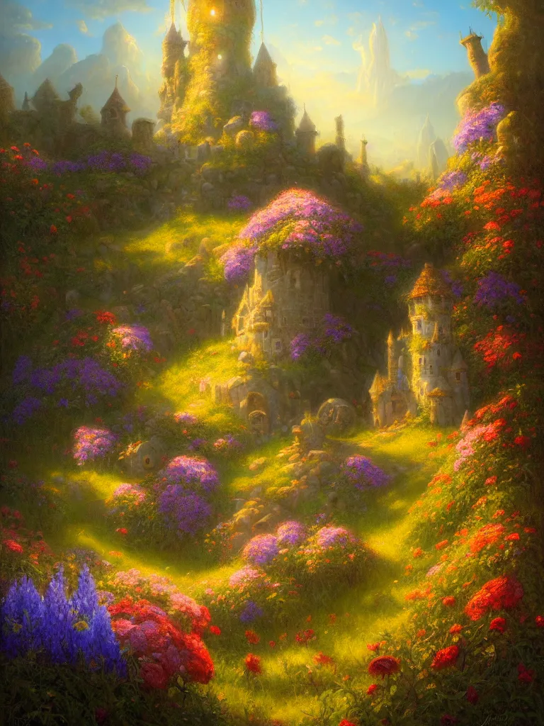 Image similar to a wizard tower by Justin Gerard, field of flowers, morning light