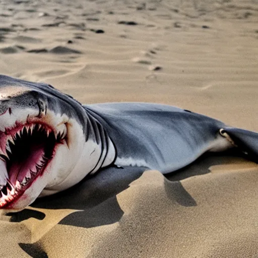 Image similar to professional photo of a shark body and canine wolf head half wolf half shark strange combo discovered on the beach