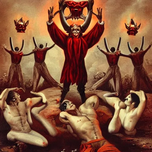 Prompt: Satan and his followers doing a ritual, photograph, vintage picture, 4k photorealistic, HD, high details,longshot, dramatic
