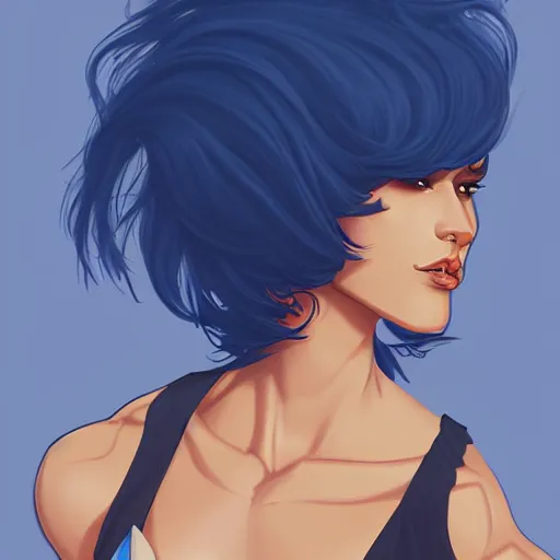 Prompt: a stunning upper body portrait of a beautiful woman with navy blue hair blowing in the wind by marvel comics, digital art, trending on artstation