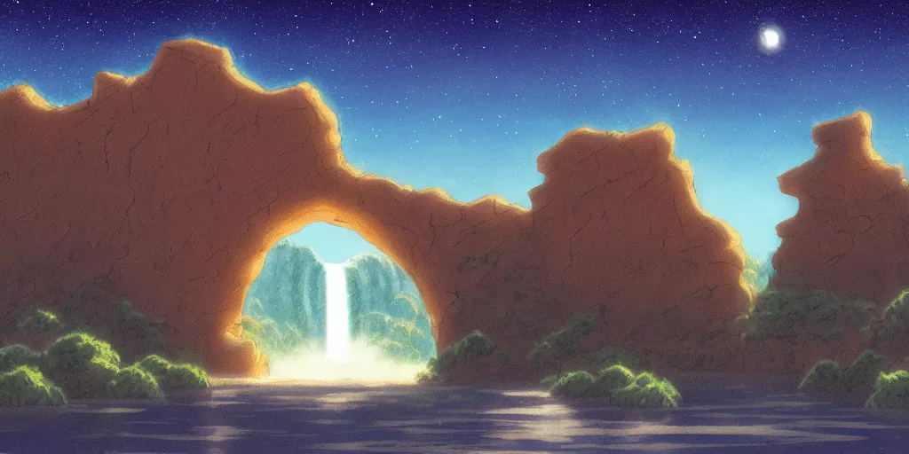 Image similar to a cell - shaded studio ghibli concept art study of an arizona rock arch time portal in the air over a flooded desert on a misty starry night. a waterfall is flowing out of the portal. very dull colors, hd, 4 k, hq