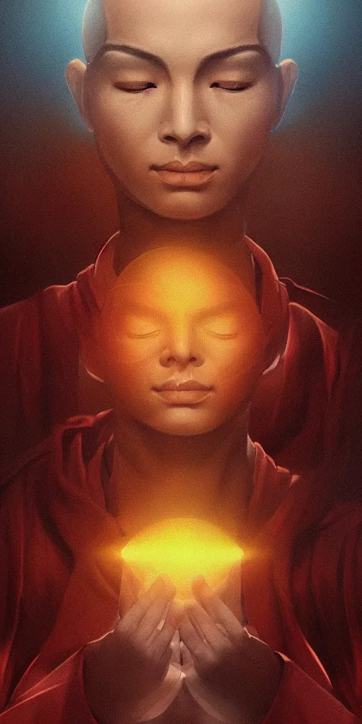 Prompt: portrait of a serene futuristic buddhist monk experiencing ego death, sunrise, heroic lighting, cyberpunk, intricate, elegant, highly detailed, lifelike, photorealistic, digital painting, artstation, illustration, concept art, smooth, sharp focus, art by John Collier and Albert Aublet, bright warm colour tone