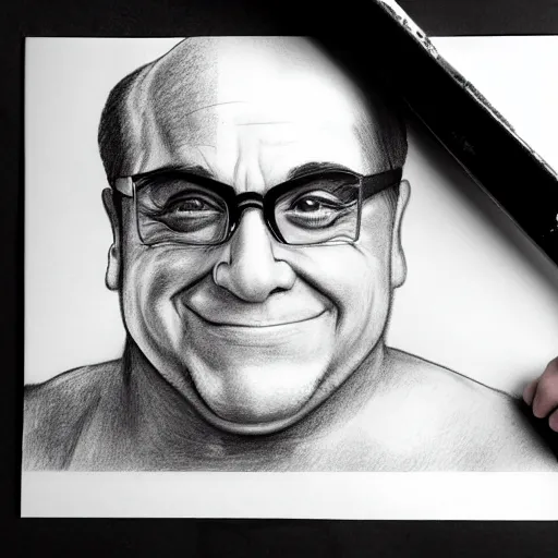 Image similar to black and white pencil sketch of a muscular Danny DeVito