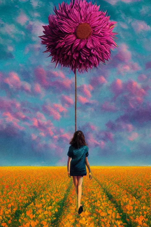 Image similar to giant corn flower head, girl walking in a flower field, surreal photography, sunrise, dramatic light, impressionist painting, colorful clouds, digital painting, artstation, simon stalenhag