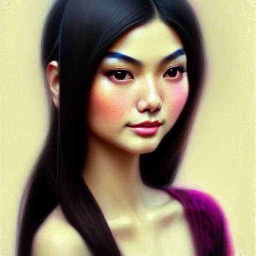 Image similar to digital painting of a close up face portrait of an elegant, beautiful, sophisticated, fashionable, pretty young burmese - japanese victoria justice, the rings of saturn. intricate ornate detail, eye focus, by artgerm, range murata, jeremy lipking, trending on pinterest, artstation hq, vivid 8 k, film still.