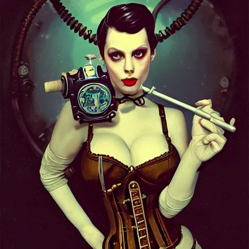 Prompt: lofi underwater bioshock steampunk portrait, wearing corset, holding a small short cigarette, Pixar style, by Tristan Eaton Stanley Artgerm and Tom Bagshaw.