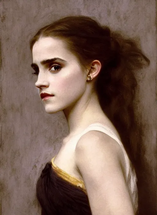 Prompt: photo photorealistic portrait photograph Portrait of Emma Watson, by William Adolphe Bouguereau, John Singer Sargent, Vermeer, serene