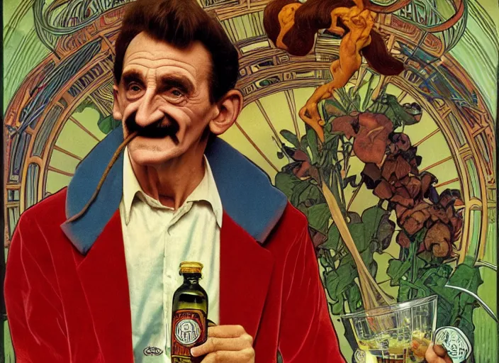 Image similar to barry chuckle drinking a bottle of snake oil, snake oil advertisement from 1 9 8 8, artwork by alphonse mucha and richard corben, 3 d, high resolution 8 k