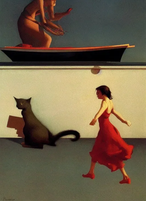 Image similar to woman chasing a cat on a boat Edward Hopper and James Gilleard, Zdzislaw Beksinski, Katsuhuro Otomo highly detailed