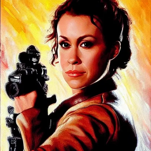 Image similar to An oil painting of Alyssa Milano playing Han Solo. Beautiful painting with dramatic lighting. Art inspired from Star Wars A New Hope.