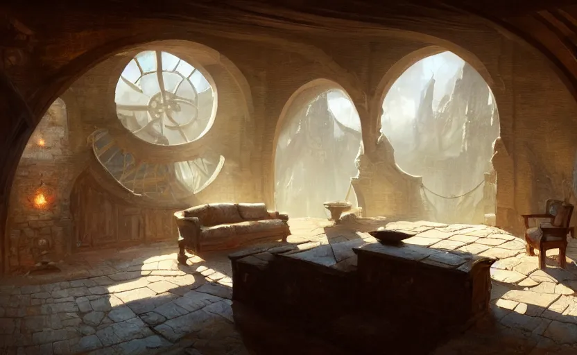 Prompt: painting of an interior of a hidden ring - shaped living quarters overlooking the great room, well maintained, clean, medieval, fantasy genre, natural light, fantasy, natural light, concept art, by greg rutkowski and craig mullins, cozy atmospheric and cinematic lighting, trending on artstation