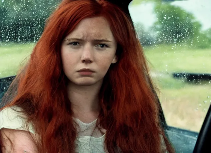 Image similar to A very high resolution image from a new movie, inside of a car, teen red hair woman, raining, hot, directed by wes anderson