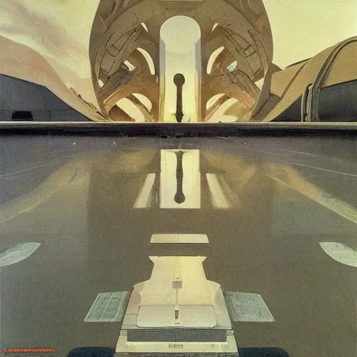 Image similar to dreamy landscape. science fiction. cinematic sci - fi scene. symmetry. accurate anatomy. science fiction theme. brutalism. intricate detail. epic. intimidating. retrofuturism. art by john singer sargent - akira toriyama - joaquin sorolla - ralph mcquarrie