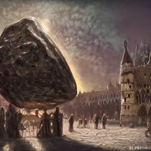 Image similar to A Giant magical gem meteorite in the middle the plaza of a medieval city, beautiful, concept art, sharp focus, highly detailed, intricate, still, photograph, fantasy, medieval, midday, day, sunny, shimmering, realistic, 8k, award winning, trending on artstation, Dungeons and dragons, tabletop, in the style of Wizards of the coast