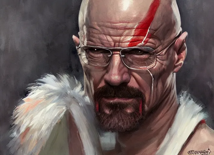 Image similar to a highly detailed beautiful portrait of walter white as kratos, by gregory manchess, james gurney, james jean