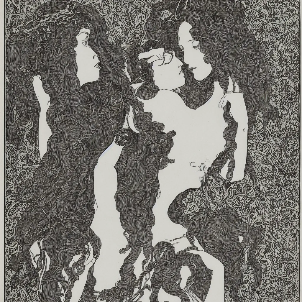 Image similar to , 4k, highly detailed, sharp focus, lithography by Aubrey Beardsley, Symmetrical portrait of a beautiful woman with snakes in her hair.