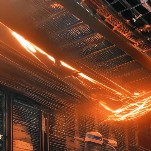 Image similar to overcharging toaster oven, tangles of metallic cables, dark messy smoke - filled cluttered workshop, dark, dramatic lighting, orange tint, sparks, plasma charges, cinematic, highly detailed, sci - fi, futuristic, movie still