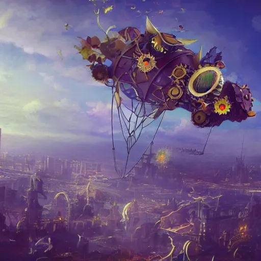 Image similar to flying, flower - shaped city, sky, fantasy art, steampunk