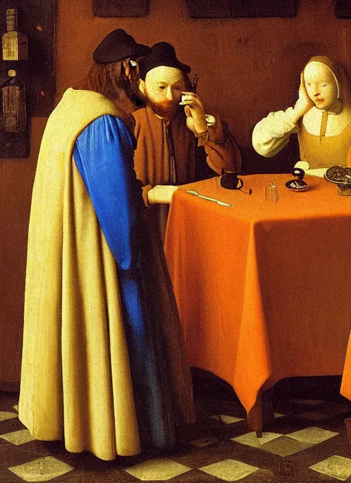 Image similar to young man at the table with young pretty blonde girl at the crowded tavern in the evening. medieval painting by jan van eyck, johannes vermeer