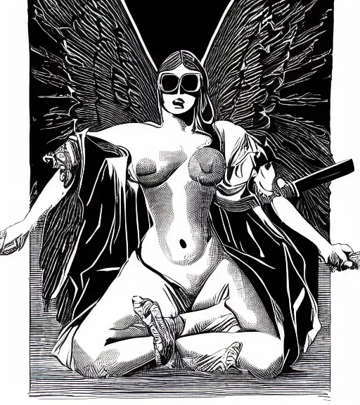 Prompt: illustration of a resting face gothic statue angel, wearing sunglasses, holding up in hand a M134 Minigun, ink brush black background , by Mike Mignola, black on white only, symmetrical, sharp curves, detailed face, 8k, print ready