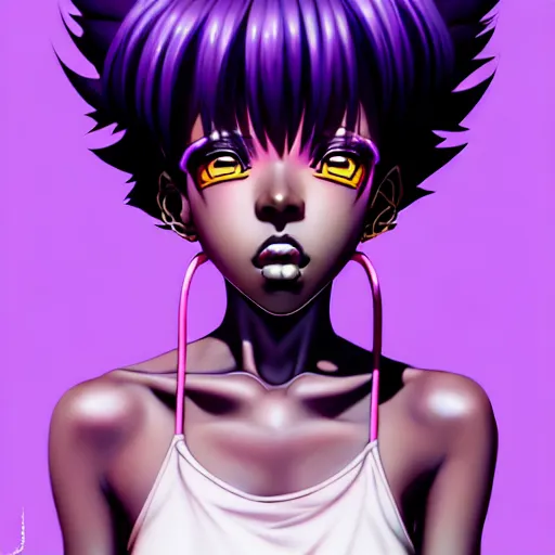 Image similar to portrait of a black anime manga girl, french bob hair, white hair, purple eyes, by artgerm, james jean, tom bagshaw, gerald brom, vaporwave colors, lofi colors, vaporwave, lofi, goth vibe, 4 k, smooth, hd, substance designer render, full body character concept art, symmetrical, 2 point lighting,