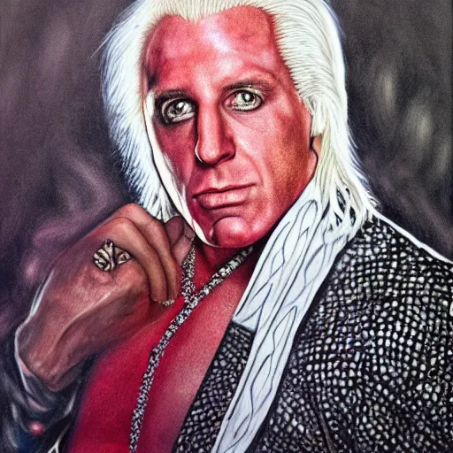 Image similar to Ric Flair, portrait, wooooo, background alligator scales, hyperrealistic, drawing