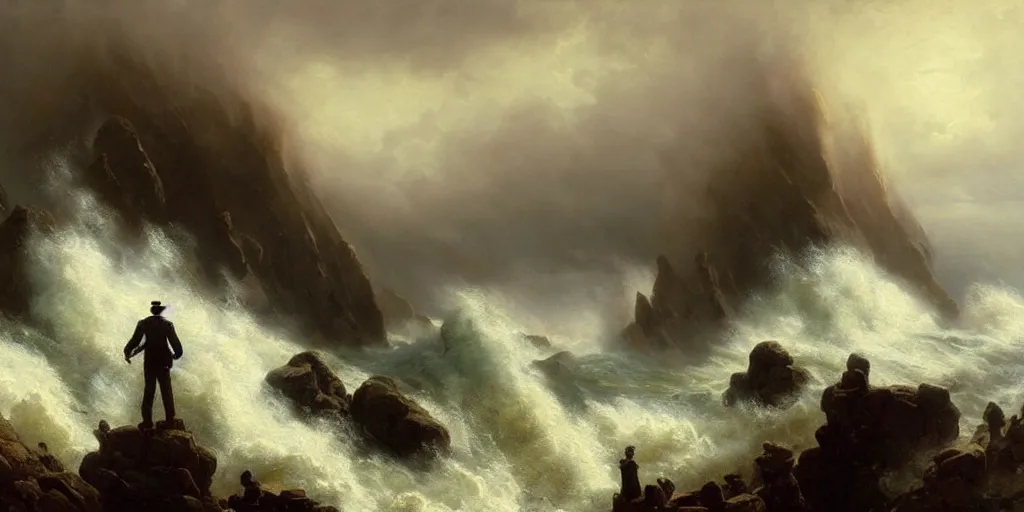 Image similar to a big cliff at the middle of the day in 1 9 4 0, stormy sea, a only men stand up at the edge of the precipice, steam punk, mystical yellow fog, oil on canvas, art by andreas achenbach, clemens ascher, tom bagshaw and sabbas apterus,